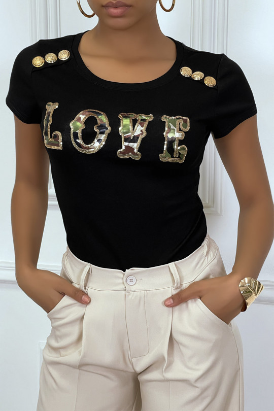 T-shirt noir à boutons dorés et écriture sequin LOVE - 1