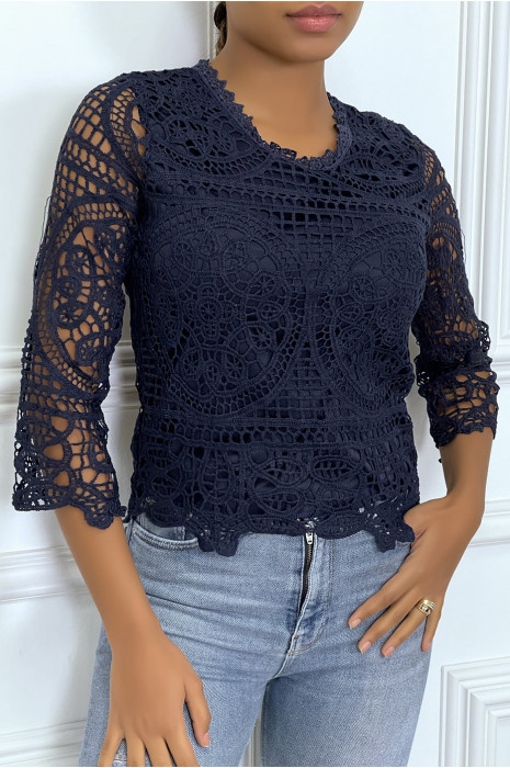 Top manches longues bleu marine en crochet - 4
