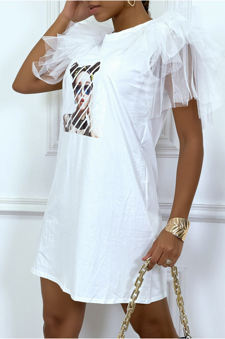 Robe t-shirt à manches bouffantes froufrou et imprimé - 4