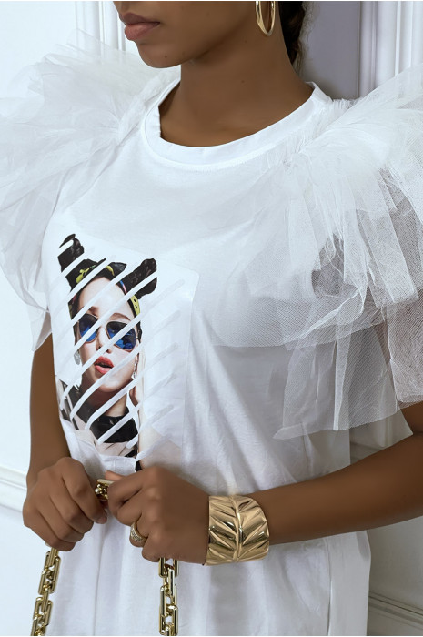 Robe t-shirt à manches bouffantes froufrou et imprimé - 7