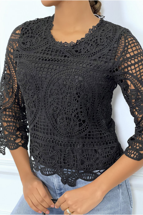 Top manches longues noir en crochet - 1