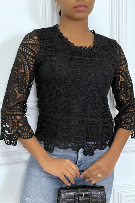 Top manches longues noir en crochet - 2