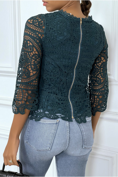 Top manches longues vert  en crochet - 1
