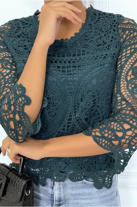 Top manches longues vert  en crochet - 2