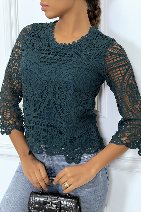 Top manches longues vert  en crochet - 3