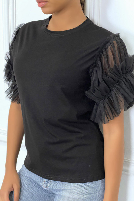 Black t-shirt with tulle sleeves - 1