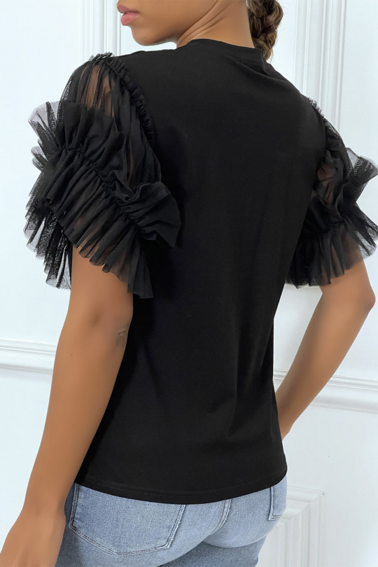 Black t-shirt with tulle sleeves - 2