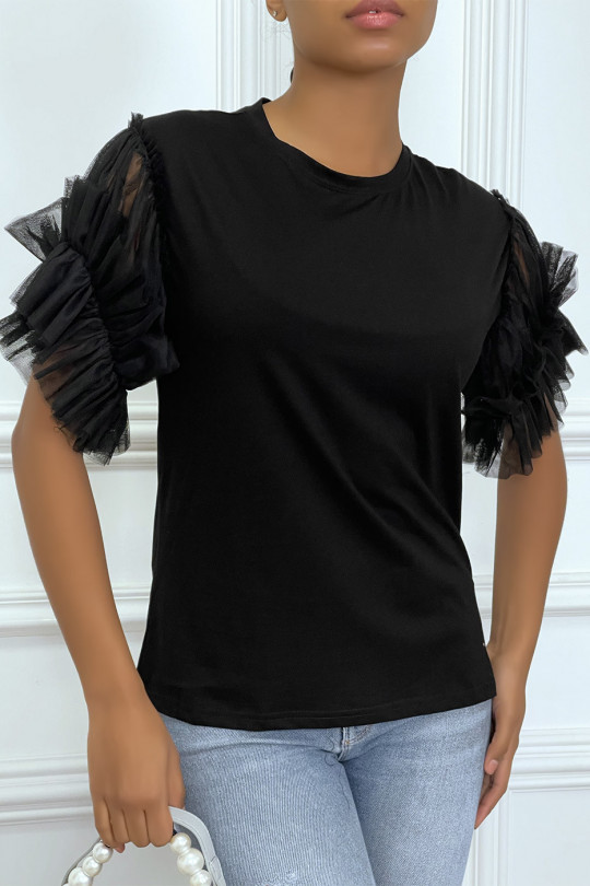 Black t-shirt with tulle sleeves - 4