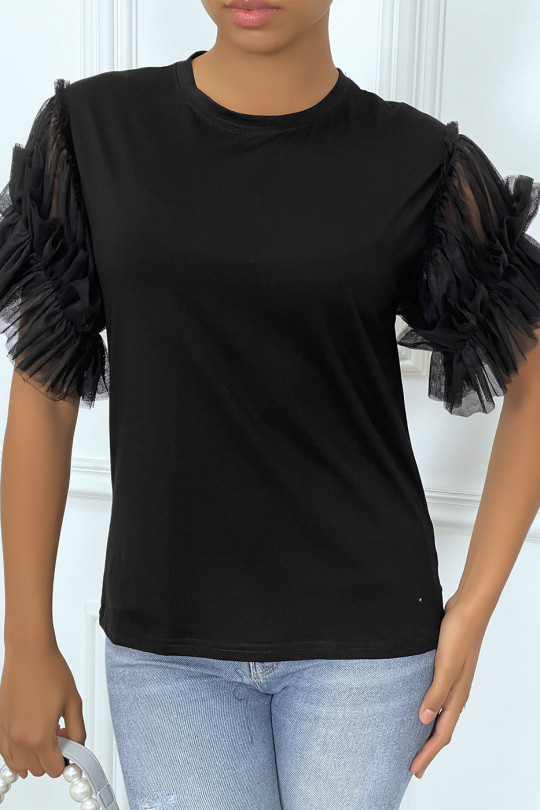 Black t-shirt with tulle sleeves - 5