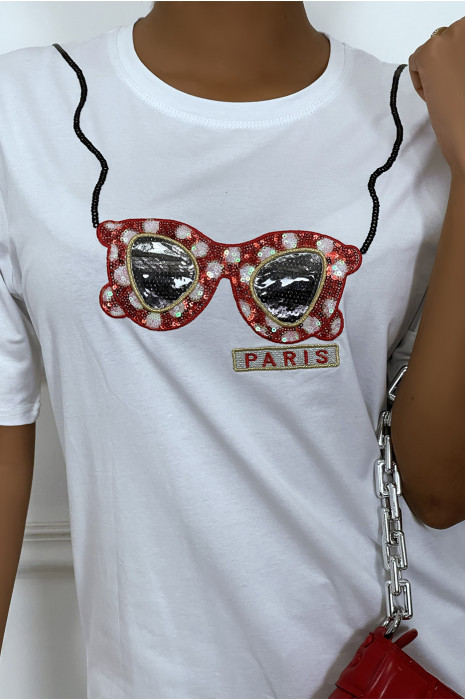 Tee-shirt blanc avec dessins en sequins - 1