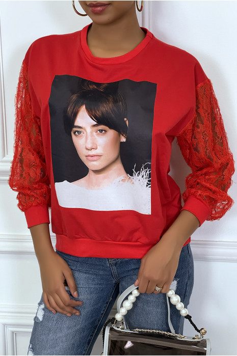 Red sweatshirt with lace sleeves and image - 1