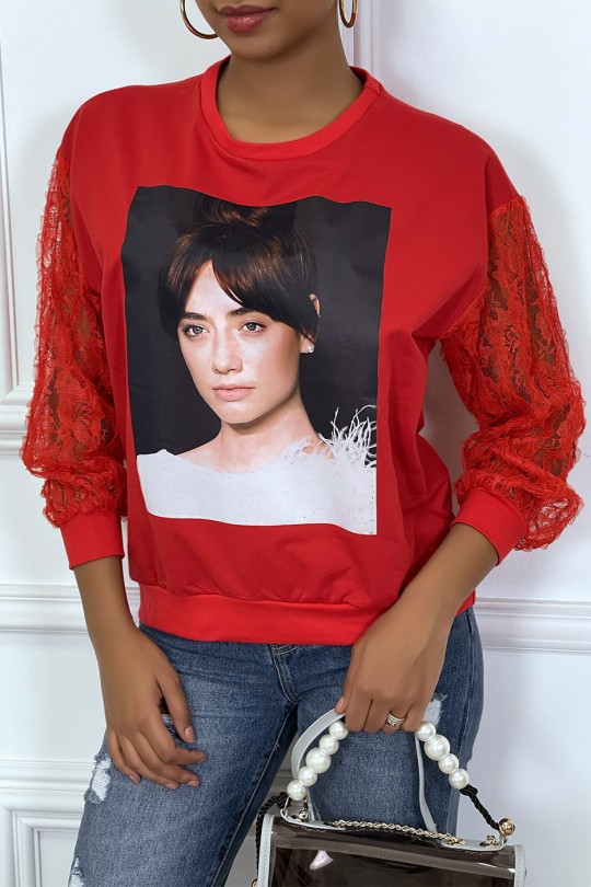 Red sweatshirt with lace sleeves and image - 1