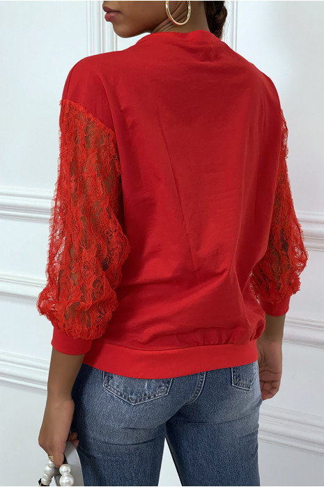 Rood sweatshirt met kanten mouwen en afbeelding - 4