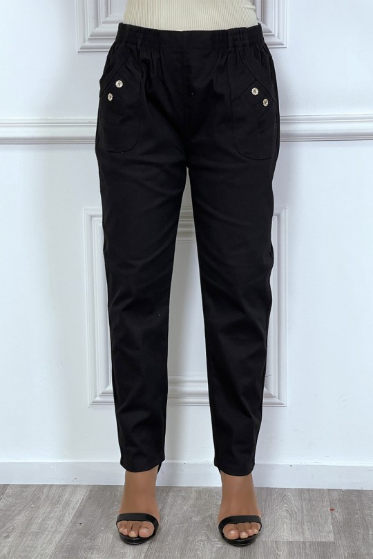 Pantalon noir grande taille coupe cigarette et ceinture élastique - 1