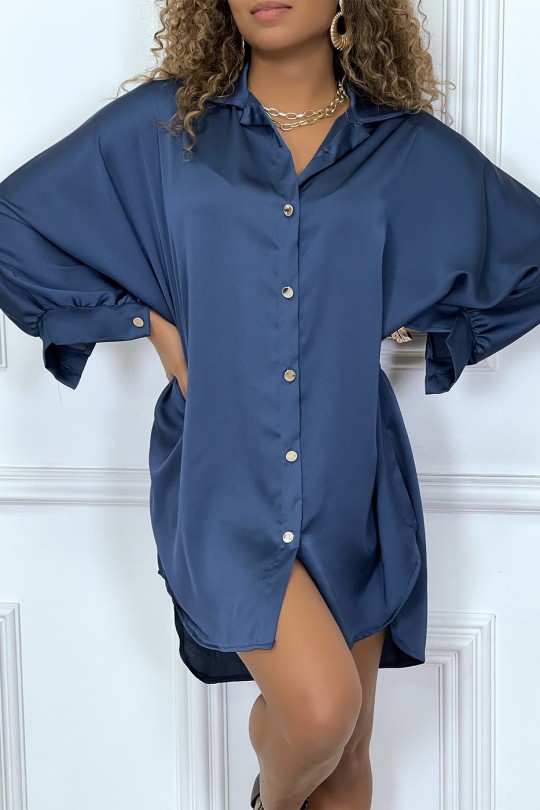Robe chemise marine satiné over size. Chemise femme ample - 1