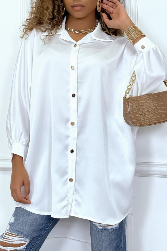White satin oversize shirt dress. Loose woman shirt - 1
