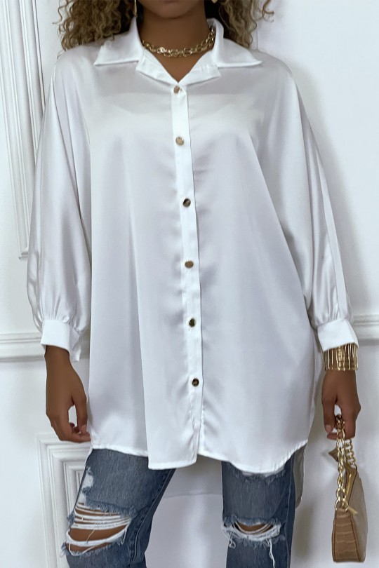 White satin oversize shirt dress. Loose woman shirt - 7