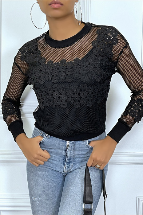 Top manches longues noir en résille - 4