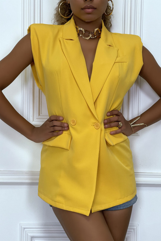 Yellow sleeveless blazer with lapel collar and shoulder pads - 2