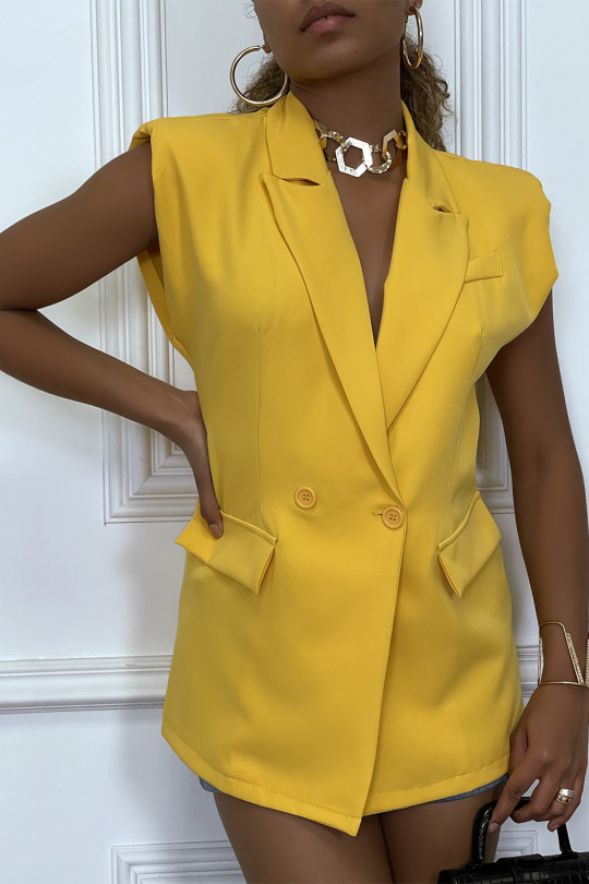 Yellow sleeveless blazer with lapel collar and shoulder pads - 3