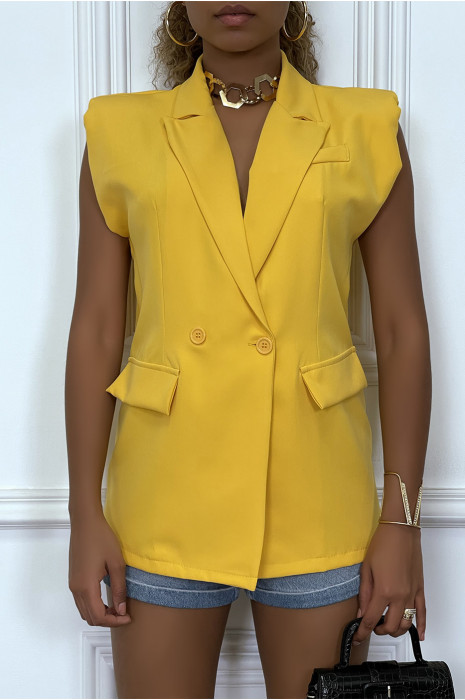 Blazer sans manches jaune à col revers et épaulettes - 5