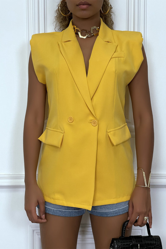 Yellow sleeveless blazer with lapel collar and shoulder pads - 5