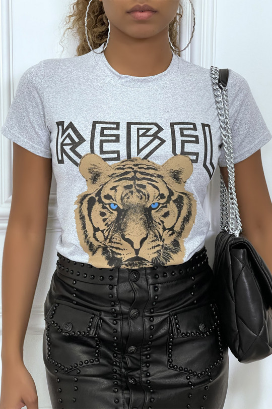 Gray fitted t-shirt with REBEL writing and lion head - 2