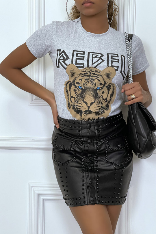 Gray fitted t-shirt with REBEL writing and lion head - 4
