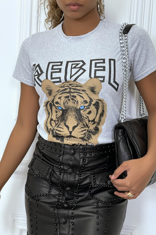Gray fitted t-shirt with REBEL writing and lion head - 5