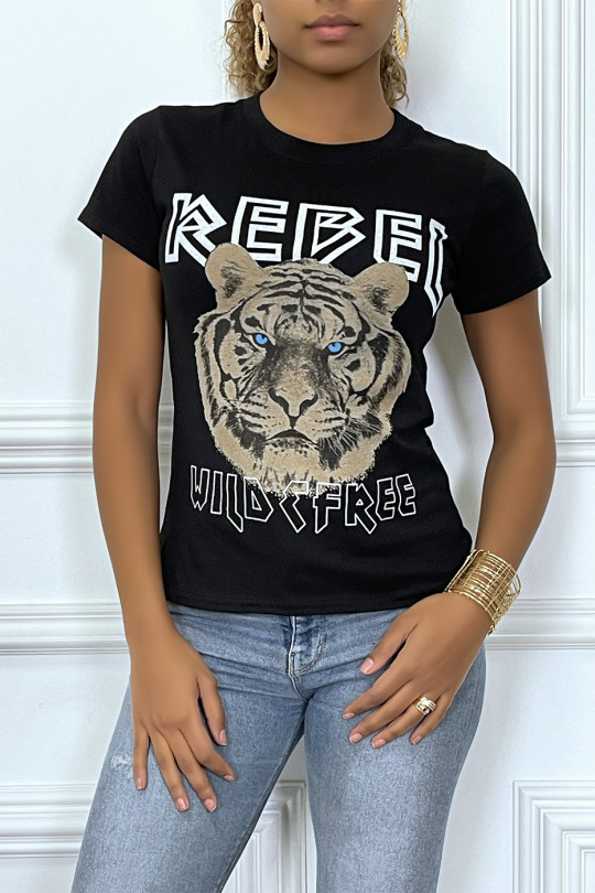 Tee-shirt noir cintrée avec écriture REBEL et tête de lion - 5