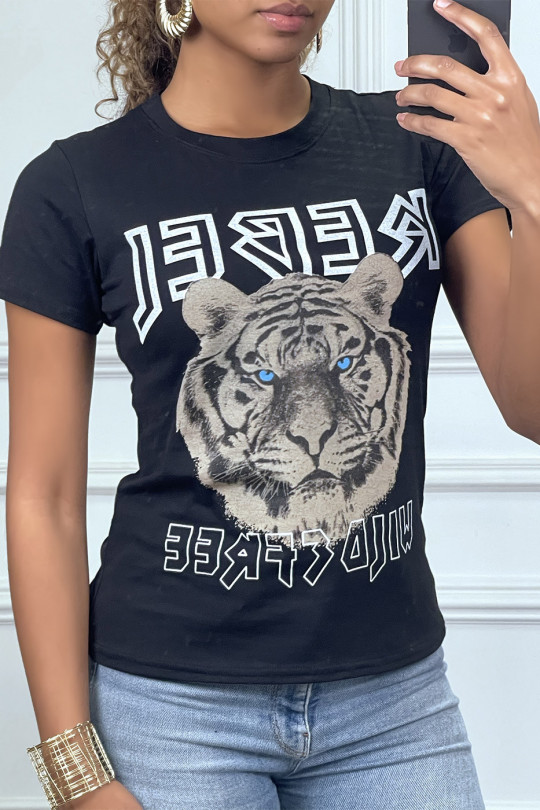 Getailleerd zwart T-shirt met REBEL-tekst en leeuwenkop - 6