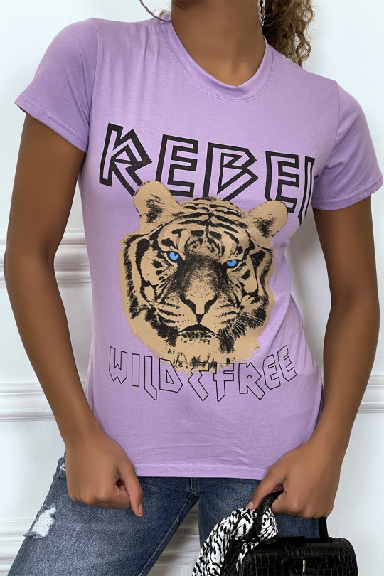 Tee-shirt lila cintrée avec écriture REBEL et tête de lion - 1