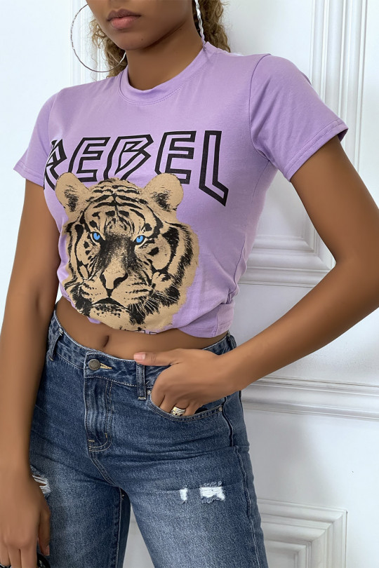 Getailleerd lila t-shirt met REBEL-tekst en leeuwenkop - 3