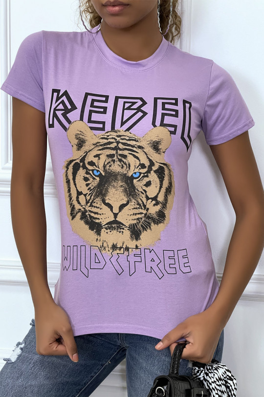 Tee-shirt lila cintrée avec écriture REBEL et tête de lion - 4