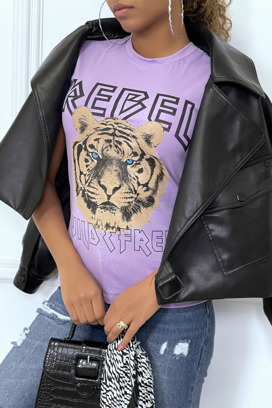 Tee-shirt lila cintrée avec écriture REBEL et tête de lion - 5
