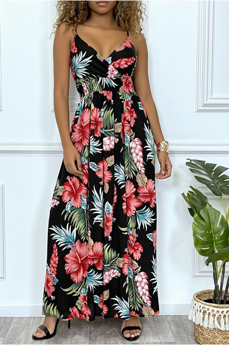 Longue robe noir motif fleurie croisé au buste avec élastique à la taille et au dos. - 1