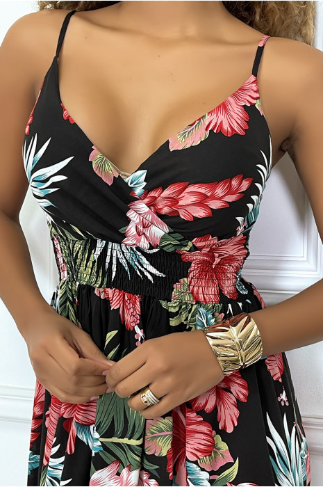 Longue robe noir motif fleurie croisé au buste avec élastique à la taille et au dos. - 7