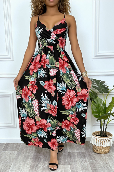 Longue robe noir motif fleurie croisé au buste avec élastique à la taille et au dos. - 8