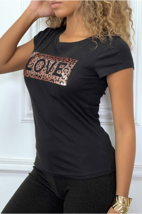 T-shirt noir avec écriture LOVE sur fond pailleté doré - 2