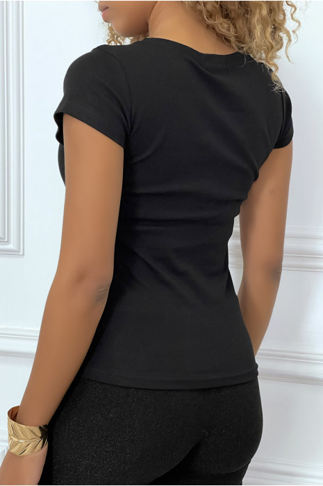 T-shirt noir avec écriture LOVE sur fond pailleté doré - 3