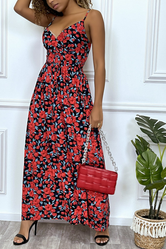 Longue robe d'été motif fleure rouge croisé au buste et cintré par élastique - 1