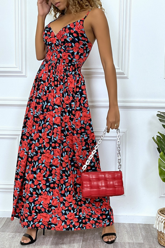 Longue robe d'été motif fleure rouge croisé au buste et cintré par élastique - 3