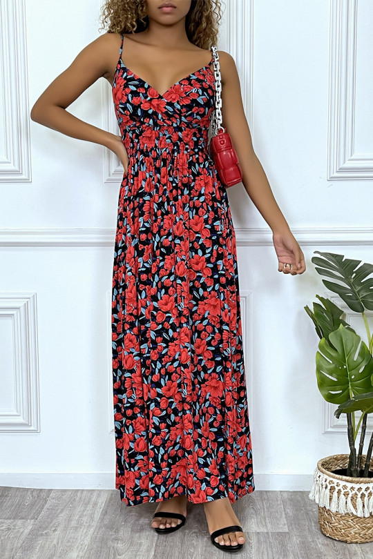 Longue robe d'été motif fleure rouge croisé au buste et cintré par élastique - 5