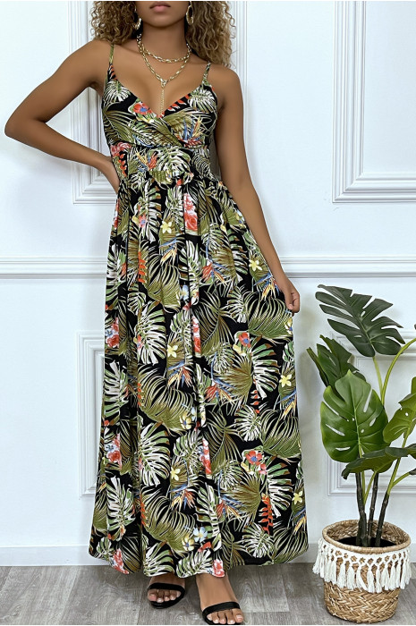 Robe d'été motif feuille verte croisé au buste et cintré par élastique - 1