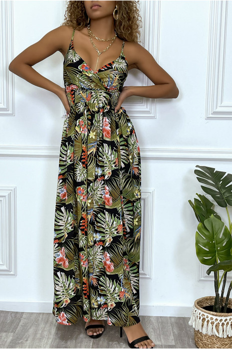 Green leaf pattern summer dress crossed at the bust and bent by elastic - 3