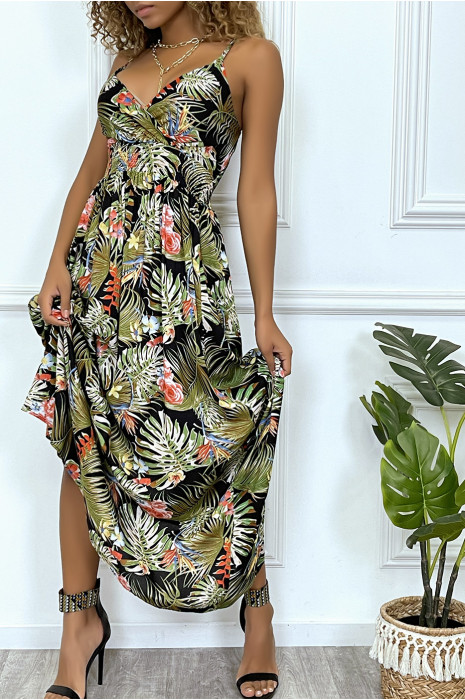 Robe d'été motif feuille verte croisé au buste et cintré par élastique - 4