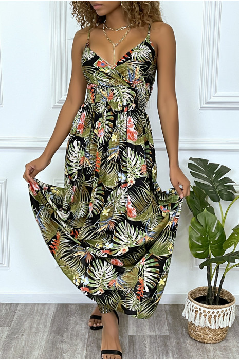 Green leaf pattern summer dress crossed at the bust and bent by elastic - 5