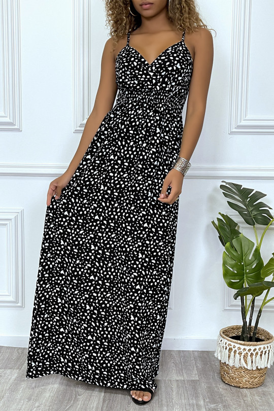 Lange zwarte jurk met gekruist wit patroon en aansluitende buste met elastiek in de taille en achterkant - 1