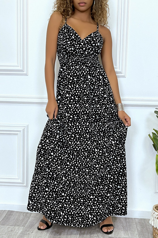 Lange zwarte jurk met gekruist wit patroon en aansluitende buste met elastiek in de taille en achterkant - 2