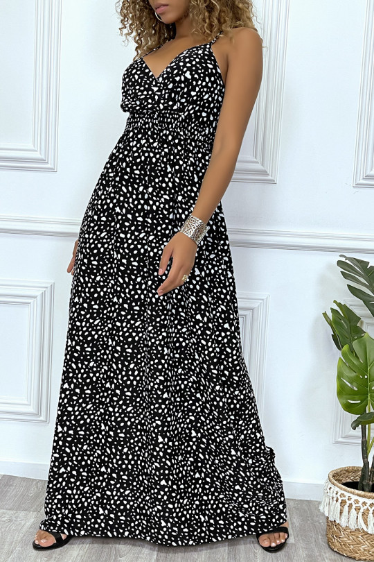 Lange zwarte jurk met gekruist wit patroon en aansluitende buste met elastiek in de taille en achterkant - 4